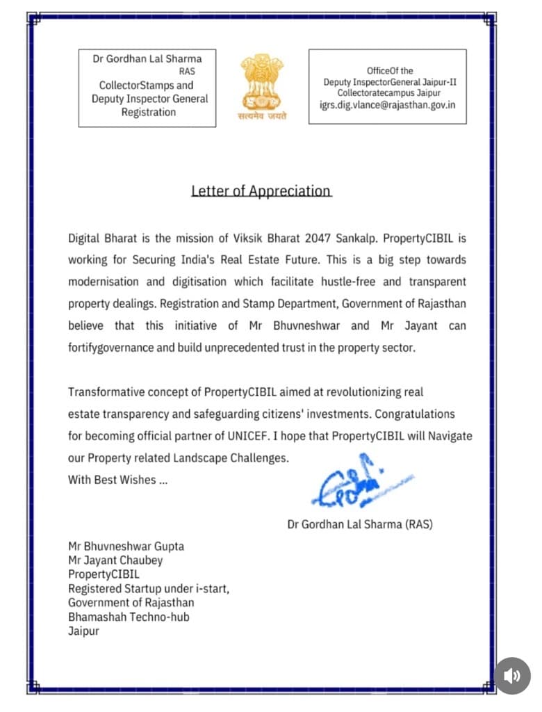 Letter of Appreciation from Government of Rajasthan